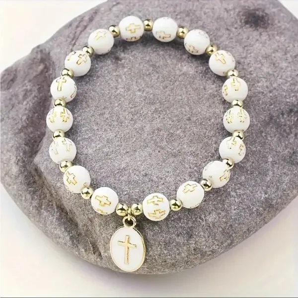 White Stylish Elastic Beaded Cross Charm Bracelet‎ Enamel Oval Cross Beaded - Image 3