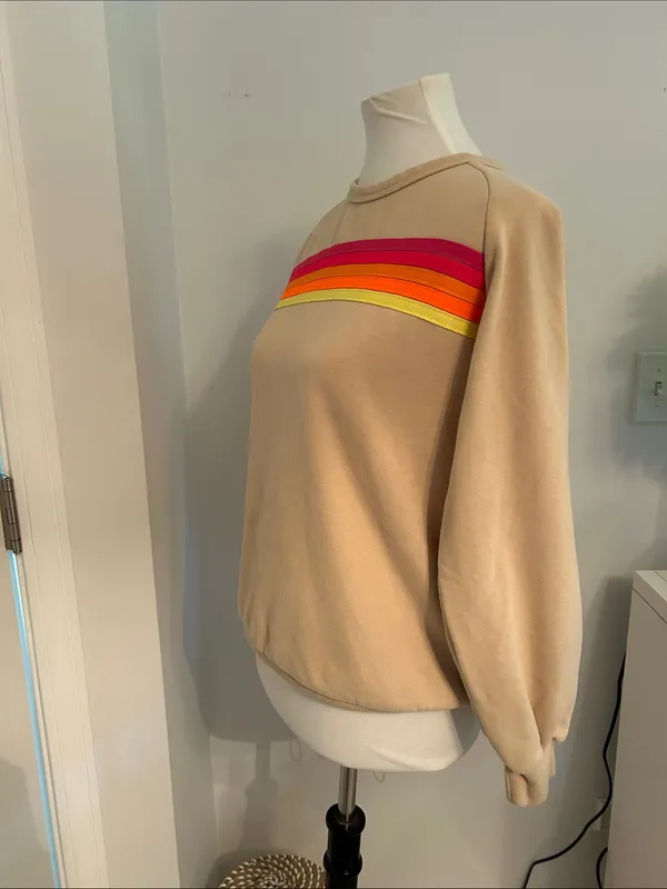 Cutest Light Tan Rainbow Stripe Fitted Crewneck Sweater - Image 3