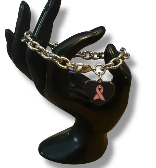 Silver tone breast cancer awareness ribbon heart charm bracelet - Image 2