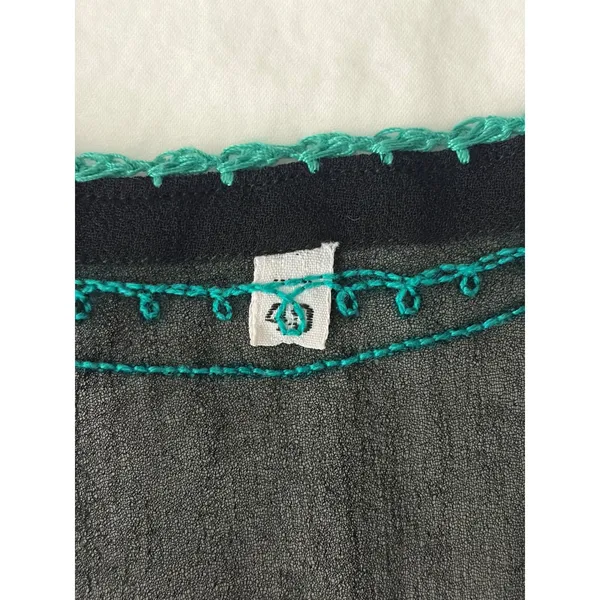 Boho‎ Floral Hand Embroidered Kurta Tunic Top Black Turquoise Scallop Trim M/L - Image 6