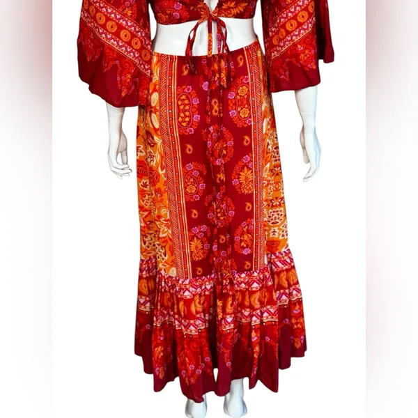 FARM Rio 100% Cotton Vibrant Red and Orange Long Sleeve Dress Size Medium - Image 7