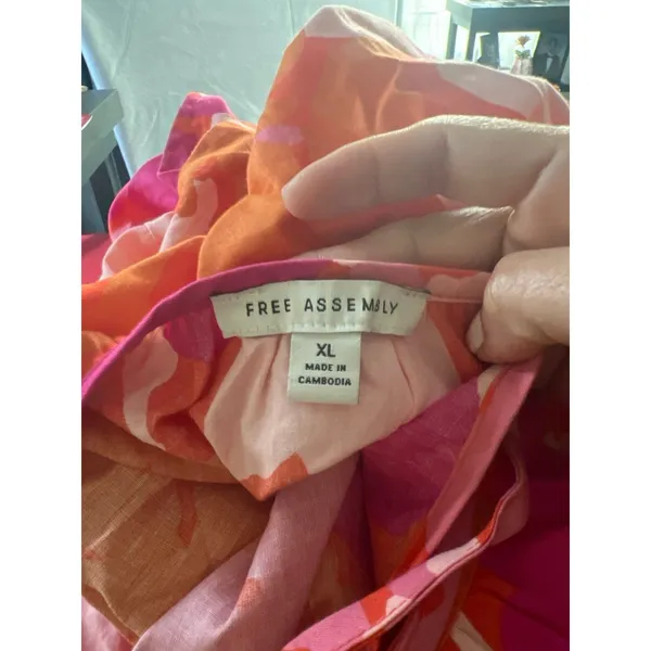 Free Assembly Floral Puff Sleeve Dress XL Pink Orange Open Tie Back With Pockets - Image 11
