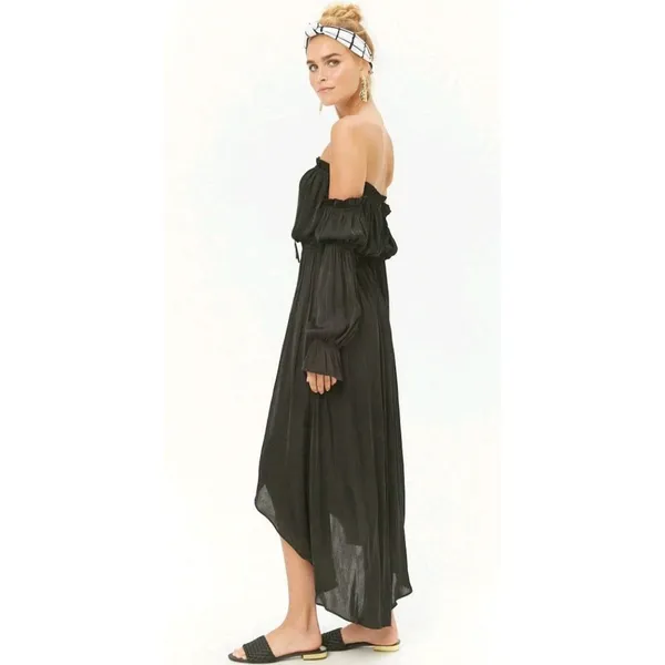 Forever 21 Womens Black Off‎ Shoulder High Low Maxi Dress Ruffle Boho - Image 3