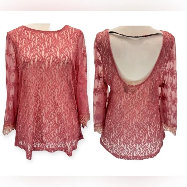 Sheer Mauve Mixed Lace Bell Sleeve Top Eyelash Fringe Gimmicks by BKE Fairy Boho - Image 2
