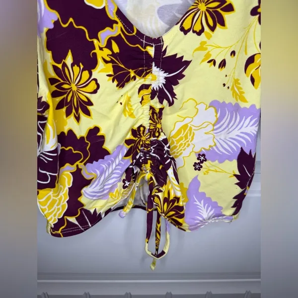 Anthropologie Maeve Purple and Yellow Floral Flutter Sleeve Cinched Top - Image 3