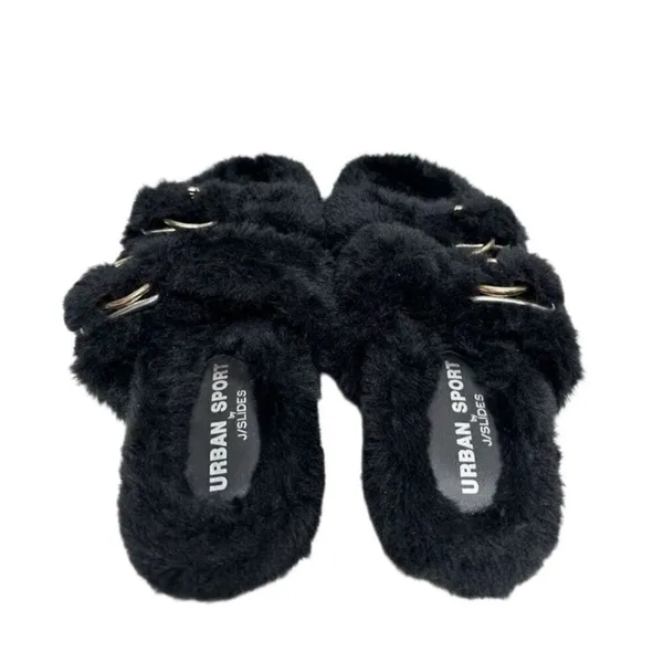 Urban Sports by J/Slides Slippers‎ Size 7 Black Faux Fur Slip On Winter Shoes - Image 5