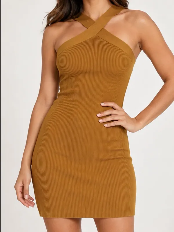 Aritzia Babaton Sculpt Knit Criss Cross Tan Ribbed Bodycon Mini Dress - Image 10