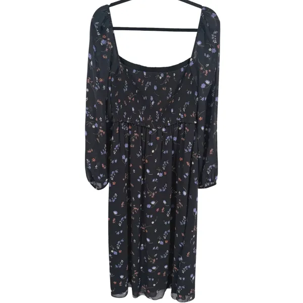 Aritzia Wilfred Black Floral Smocked Square Neck Long Sleeve Midi Dress Sz Large - Image 2