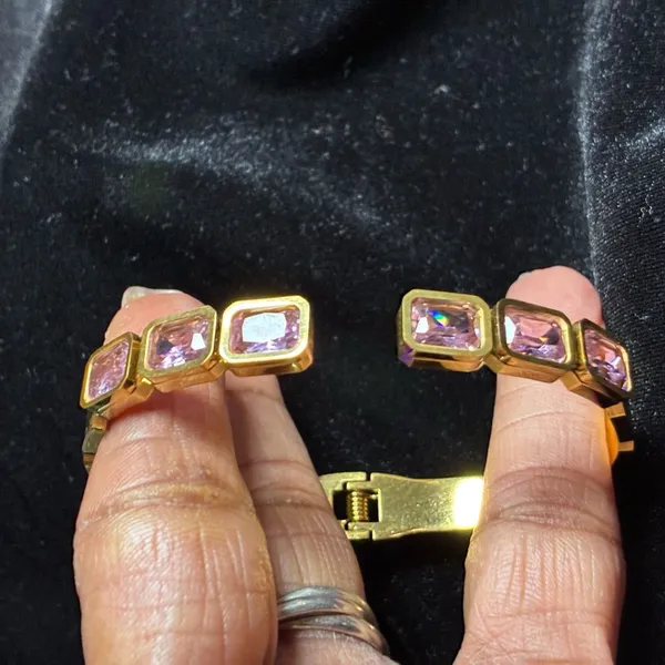 Classic Stainless Steel Zircon Bracelet in gold color with Pink stones. - Image 4