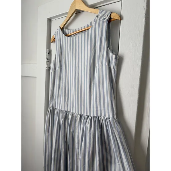 Vintage Blue White Striped Sleeveless Midi Dress Button Shoulder Drop Waist - Image 6
