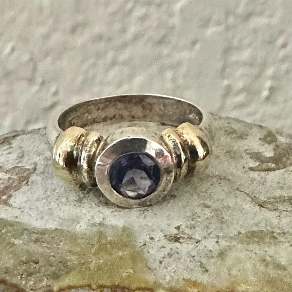 Unique Sterling Silver & 14K Gold Ring with Blue Faceted Stone - Image 4