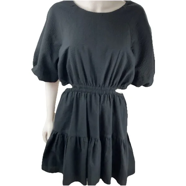 Madewell Seersucker Back Cutout Summer Dress Button Back Puff Sleeve Black‎ L - Image 4