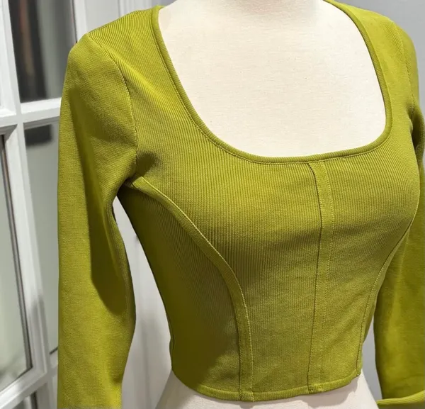 Happily Grey Ribbed Cropped Long Sleeve Top in Chartreuse/Lime Green - Image 2