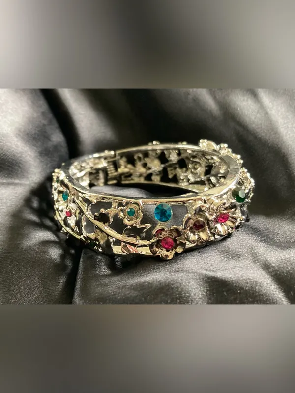 Silver Floral Bangle Bracelet w/ Pink, Green and Teal Crystal Accents - Image 3