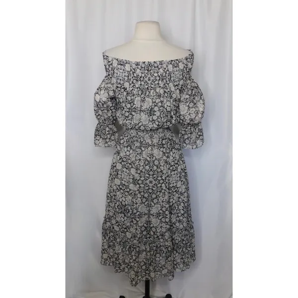 MISA Los Angeles Floral Smocked Midi Dress Black Gray Pink‎ Off Shoulder X-Small - Image 9