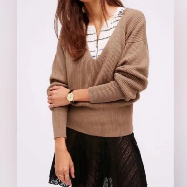 Free People Allure‎ Sweater Small Brown Oversized Deep V Neck Ribbed Knit Boho - Image 2