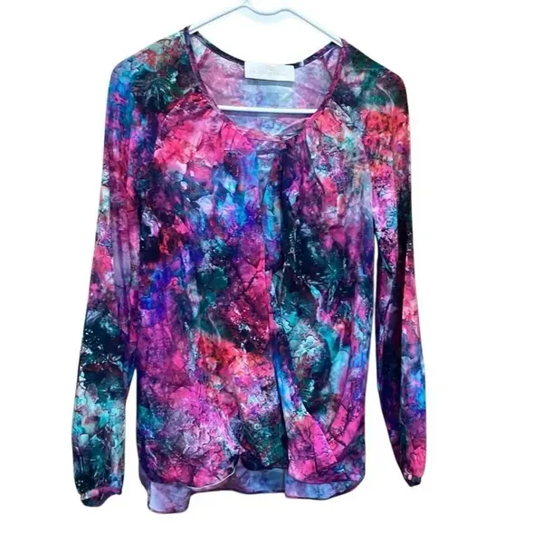 Amanda Uprichard Sz P/XS 100% Silk Faux Wrap Colorful Peek a boo Top #200 - Image 2