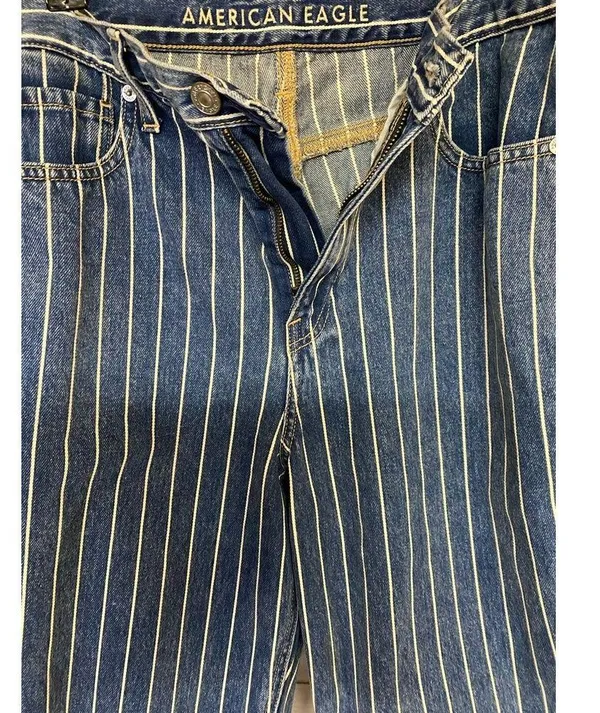 American Eagle Mom Jeans 10 Blue White Striped High Waist Ankle Denim Cotton - Image 5