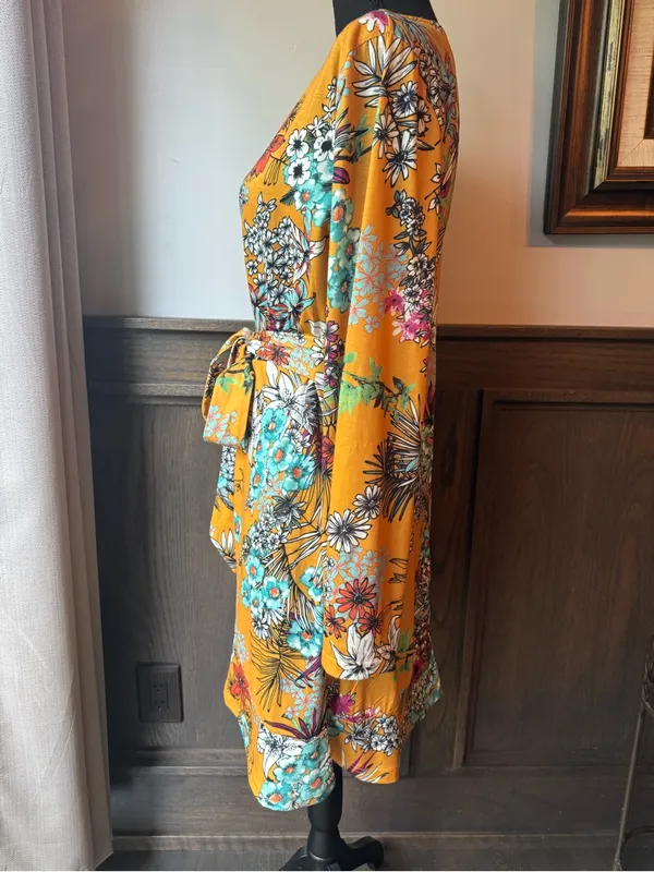 Club L London Mustard Floral Tie-Waist Long Sleeve Dress 14 EUC - Image 4