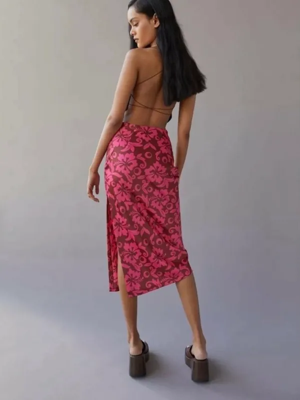 Urban Outfitters Pink and Brown Patterned Satin Slip Midi Skirt with Slit - Image 4