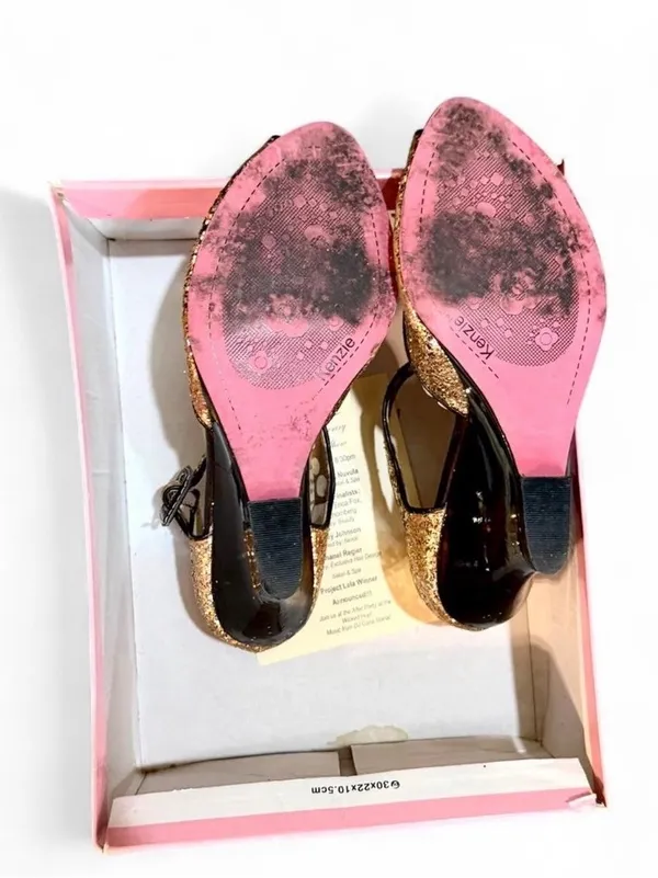 Kenzie ‘GINGER’ Gold Glitter Peep Toe Wedge Kitten Heel Mary Jane Sandals Sz 8 - Image 9
