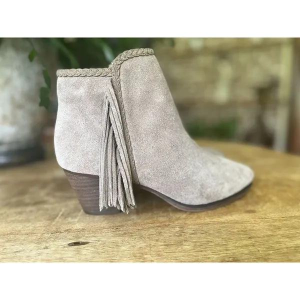 Franco Fortini Ella Suede Leather Ankle Boots Taupe Fringe Block Heel Size 6 - Image 2