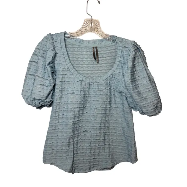 Anthropologie Light Blue Textured Puff Sleeve Scoop Neck Blouse Top Sz XS - Image 2