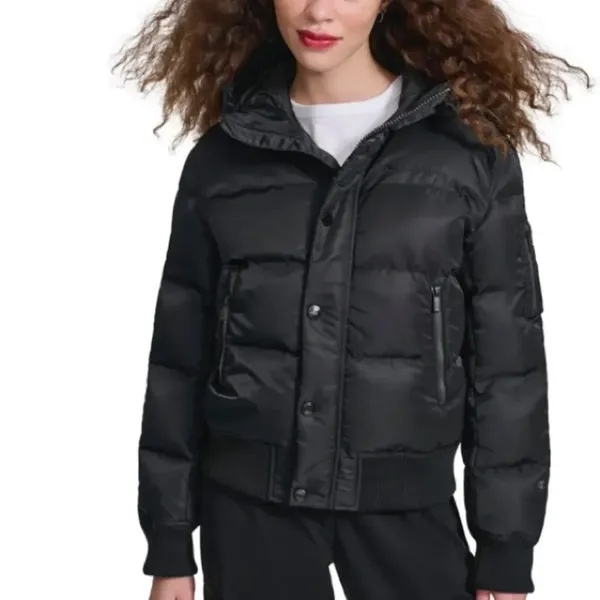 Champion Crop Quilted Snorkel Puffer Jacket with Hood, Black, Size Small, NWT - Image 13
