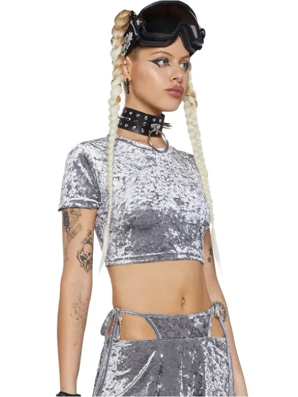 Dolls Kill Club Exx Sassy Solar Silver Crushed Velvet Crop Top Size Large - Image 3
