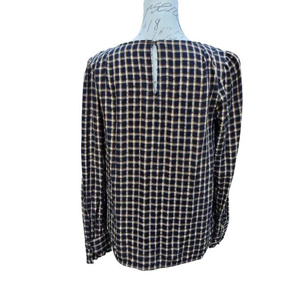 LOFT Navy Blue Mustard Yellow Plaid Long Sleeve Blouse Small‎ - Image 4
