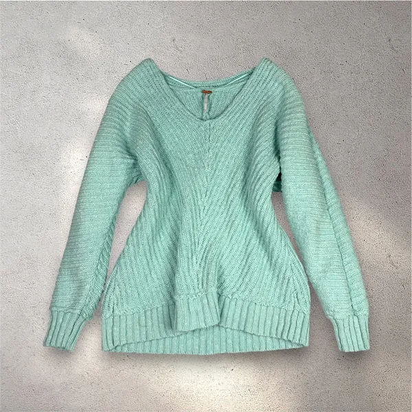 Free People Sunset V-Neck Pullover Sweater Women's M Blue Chunky Knit Boho Cozy - Image 2