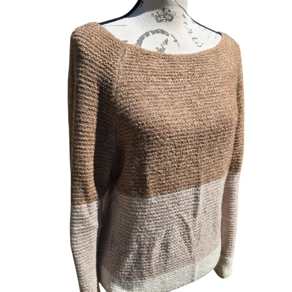 Abercrombie & Fitch‎ Women's Color Block Boat Neck Sweater Tan Brown Size Medium - Image 3