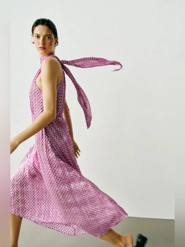NWT Zara Polka Dot Halter Neckline Midi Pleated Satin Bloggers Fave Dress - Image 3