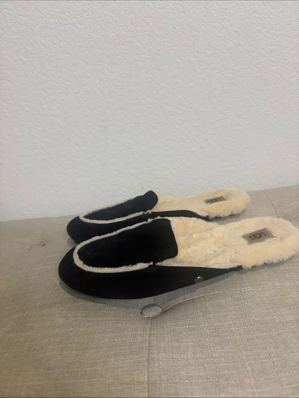 UGG Black Suede Plush-Lined Slip-On Slippers 8.5 - Image 4