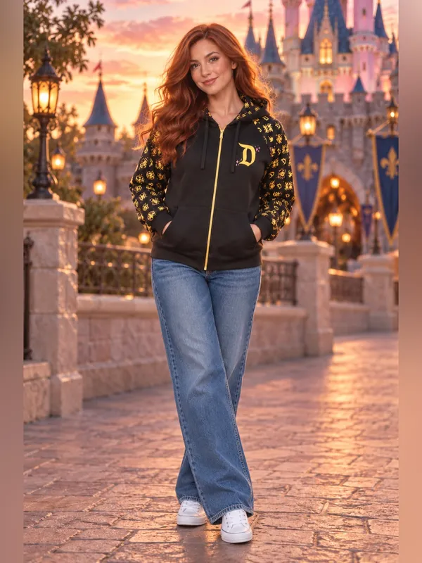 Disney Disneyland Sleeping Beauty Castle Zip Up Hoodie large L Black Gold Foil Jacket - Image 9