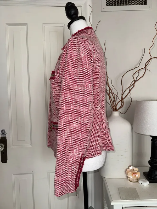 Zara Pink Tweed Fringe Blazer Jacket Size Medium - Image 2