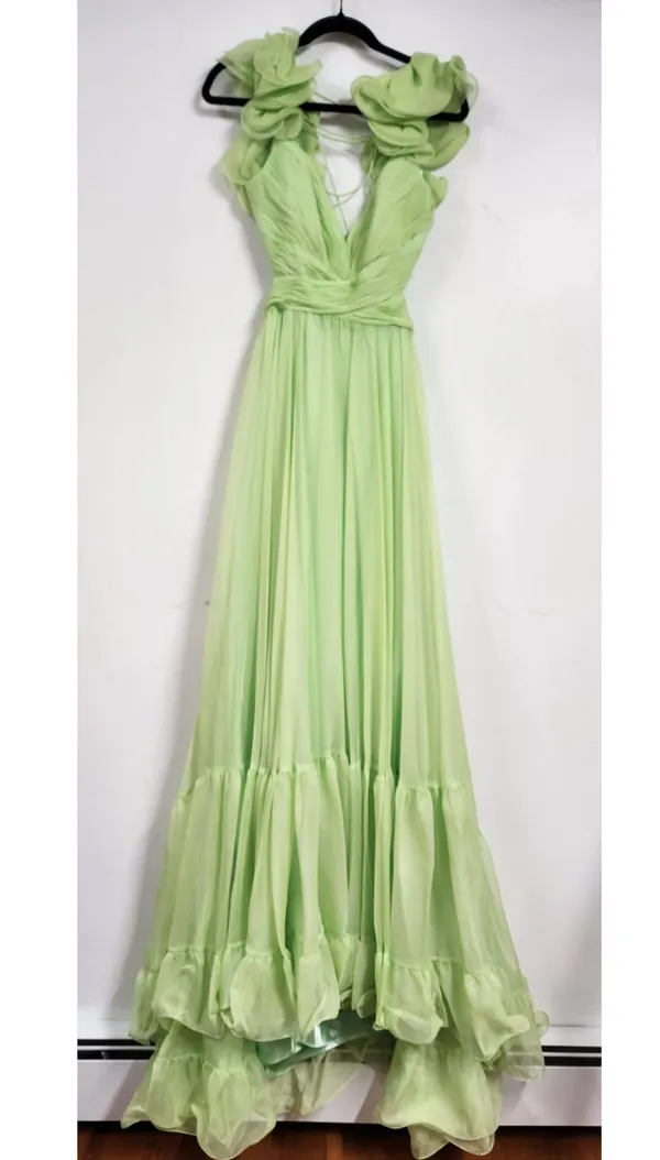 Mac Duggal Ruffle Tiered Cut-Out Chiffon Gown mint color size 8. H - Image 8