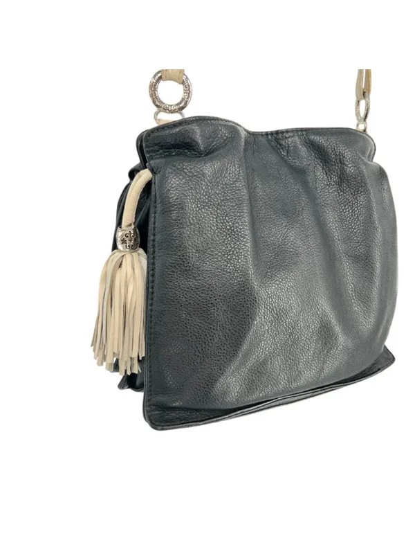 Brighton Boho Western Bucket Slouch Bag Leather Black White Tassel Silver Charms - Image 13