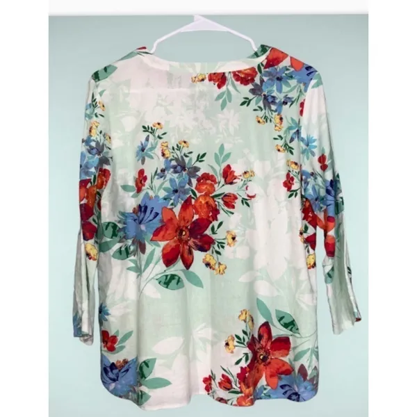 Van Heusen Mint Green & Orange Floral Linen Blend Split Neck Blouse M - Image 2