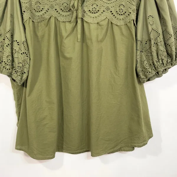 Maurices XXL Top Eyelet Blouse Peasant Top Puff Sleeve‎ Olive Green 907 - Image 8