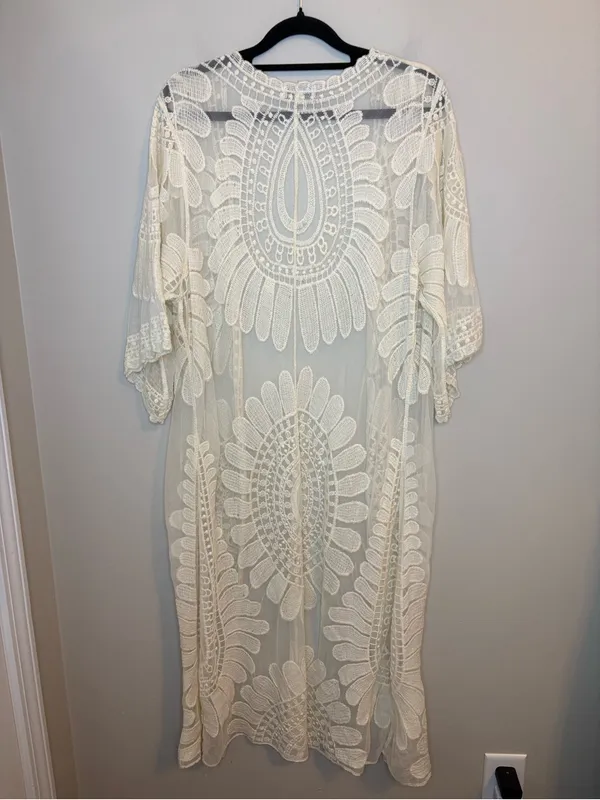 Rebellion Again Ivory Lace Duster Kimono S Embroidered Boho Maxi Cover Up - Image 2