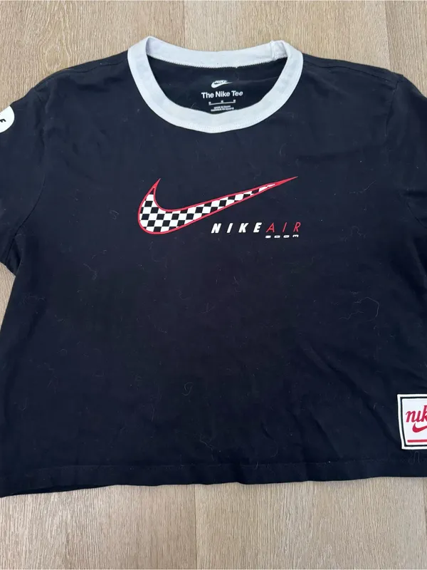 Nike Black Crop Tee with White Ringer and Checker Swoosh - Image 2