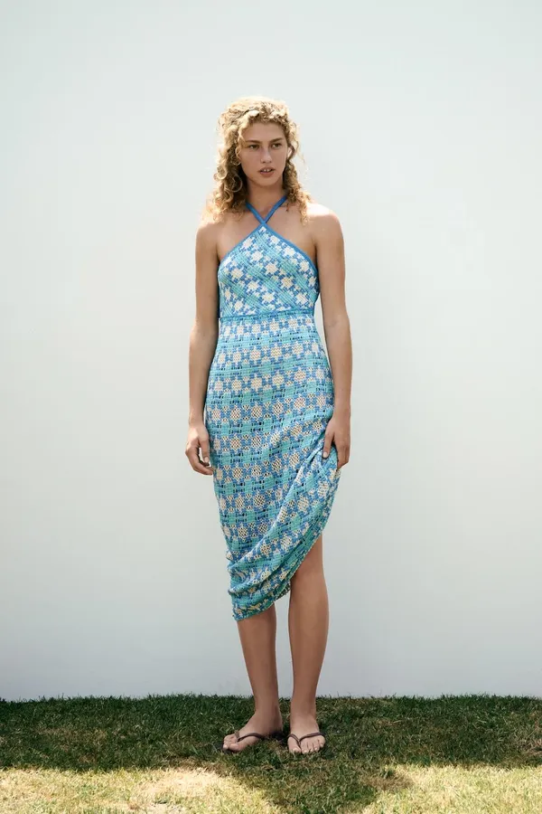 Zara Blue Patterned Crochet Halter Maxi Dress Bohemian Summer Casual - Image 11