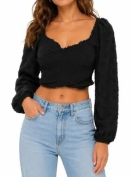American Eagle Black Long Sleeve Smocked Crop Top Medium - Image 9