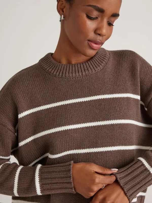 QUINCE 100% Organic Cotton Striped Crew Sweater Heather Brown Ivory Medium - Image 5