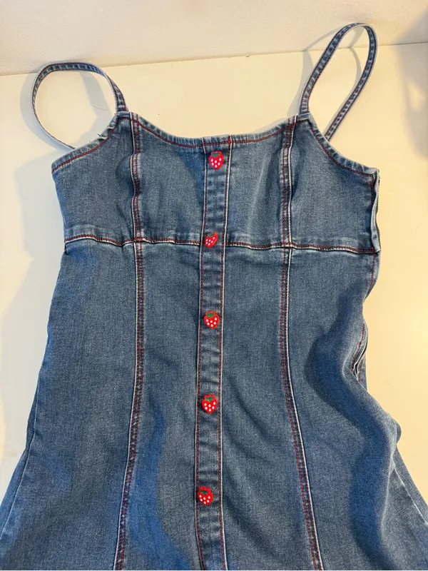 Denim Mini Dress with Red Heart Buttons Blue Size M - Image 6