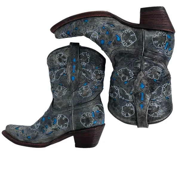 CORRAL Snip Toe Boots Blue‎ Gray Inlay Cowboy Angel Wing & Dove Size 6.5M - Image 8