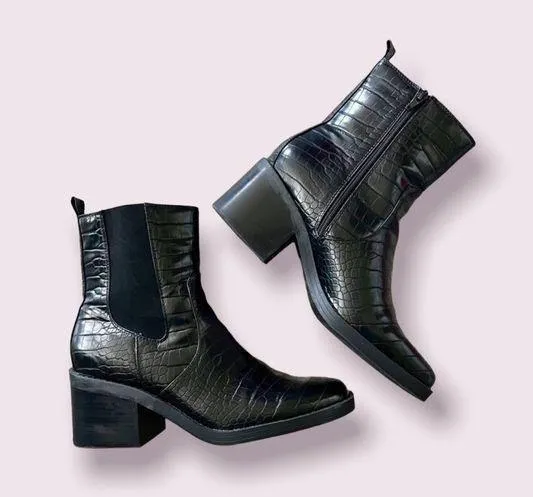 Bleecker & Bond Croc Platform Boots Leather Square Toe Block Heel Black Size 11 - Image 2