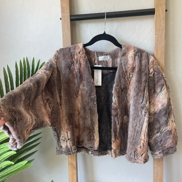 NWT Faux Fur Open Front Jacket Shrug - Taupe Multicolored - Image 2