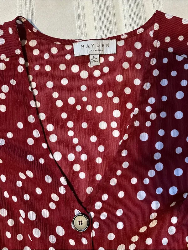 Hayden Los Angeles V-Neck Burgundy Polka Dot Button-Front Jumpsuit - Image 14